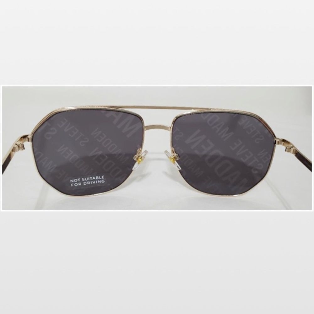New Steve Madden Sunglasses Logo Printed Mirrored Aviators Black Gold NWT - Picture 11 of 16